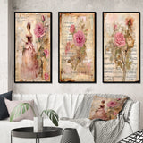 Rose Wall Art Canvas Set - Victorian Lady Pink Roses Rustic Vintage - 3 Pieces