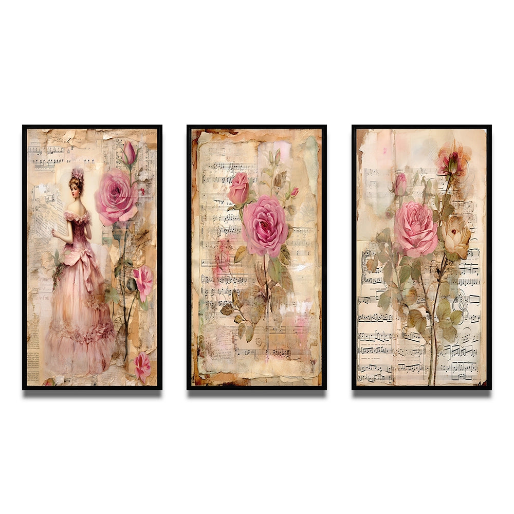 Rose Wall Art Canvas Set - Victorian Lady Pink Roses Rustic Vintage - 3 Pieces