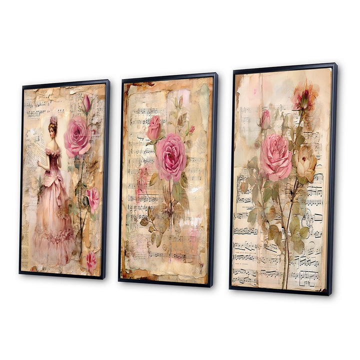 Rose Wall Art Canvas Set - Victorian Lady Pink Roses Rustic Vintage - 3 Pieces