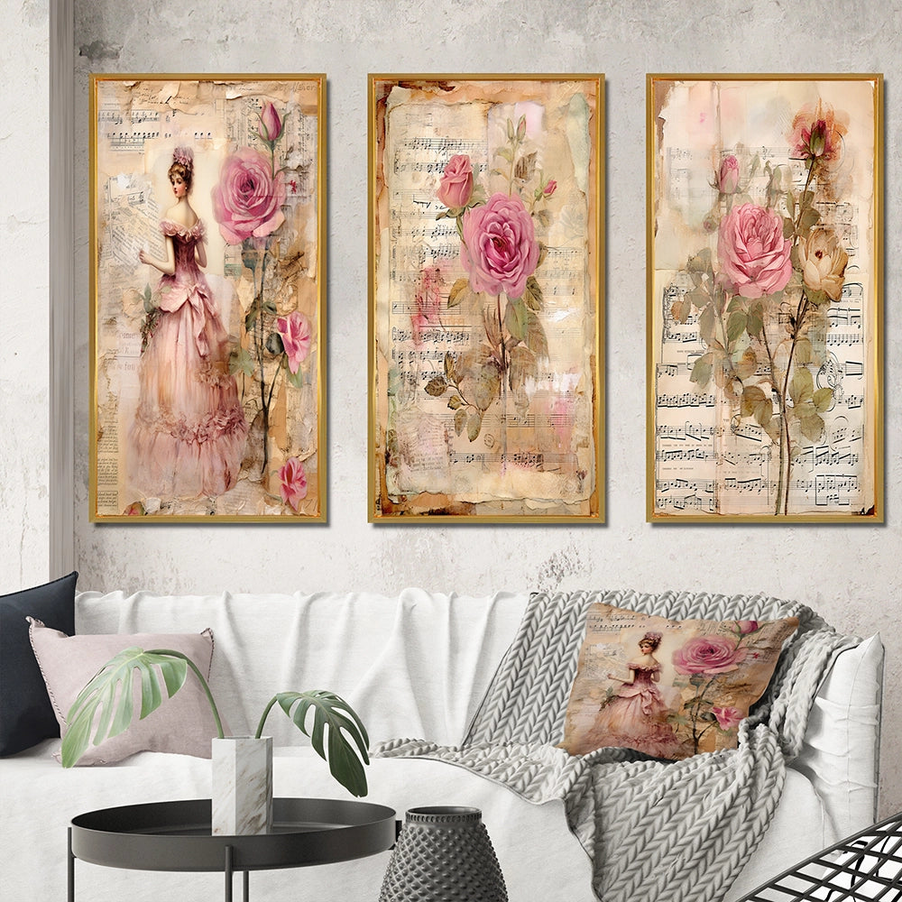 Rose Wall Art Canvas Set - Victorian Lady Pink Roses Rustic Vintage - 3 Pieces