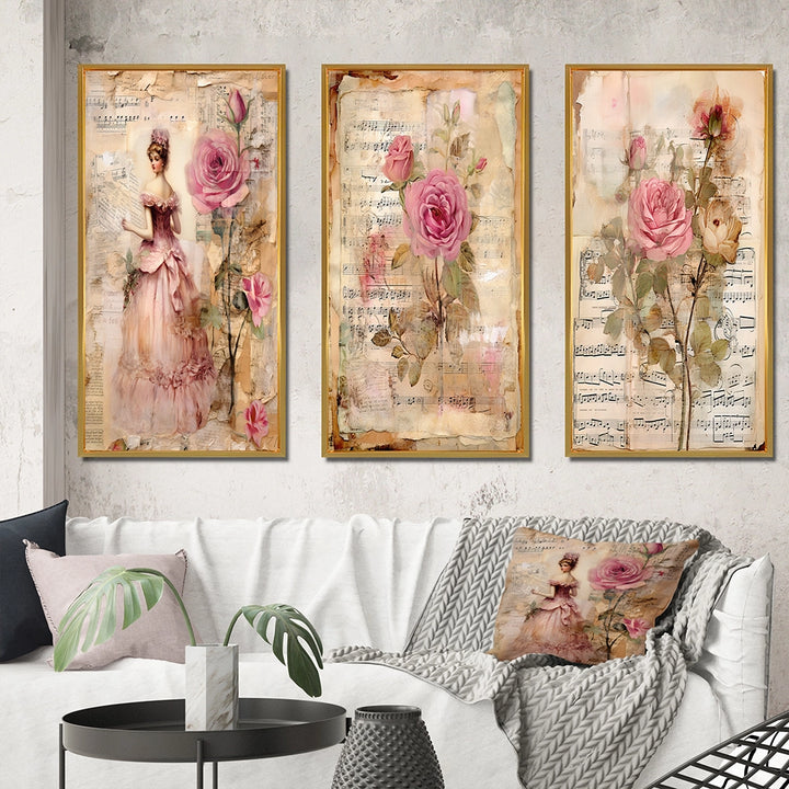 Rose Wall Art Canvas Set - Victorian Lady Pink Roses Rustic Vintage - 3 Pieces