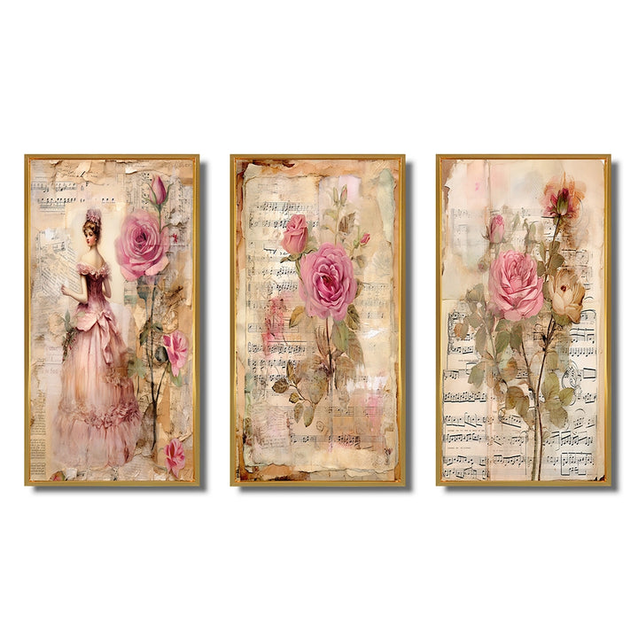 Rose Wall Art Canvas Set - Victorian Lady Pink Roses Rustic Vintage - 3 Pieces