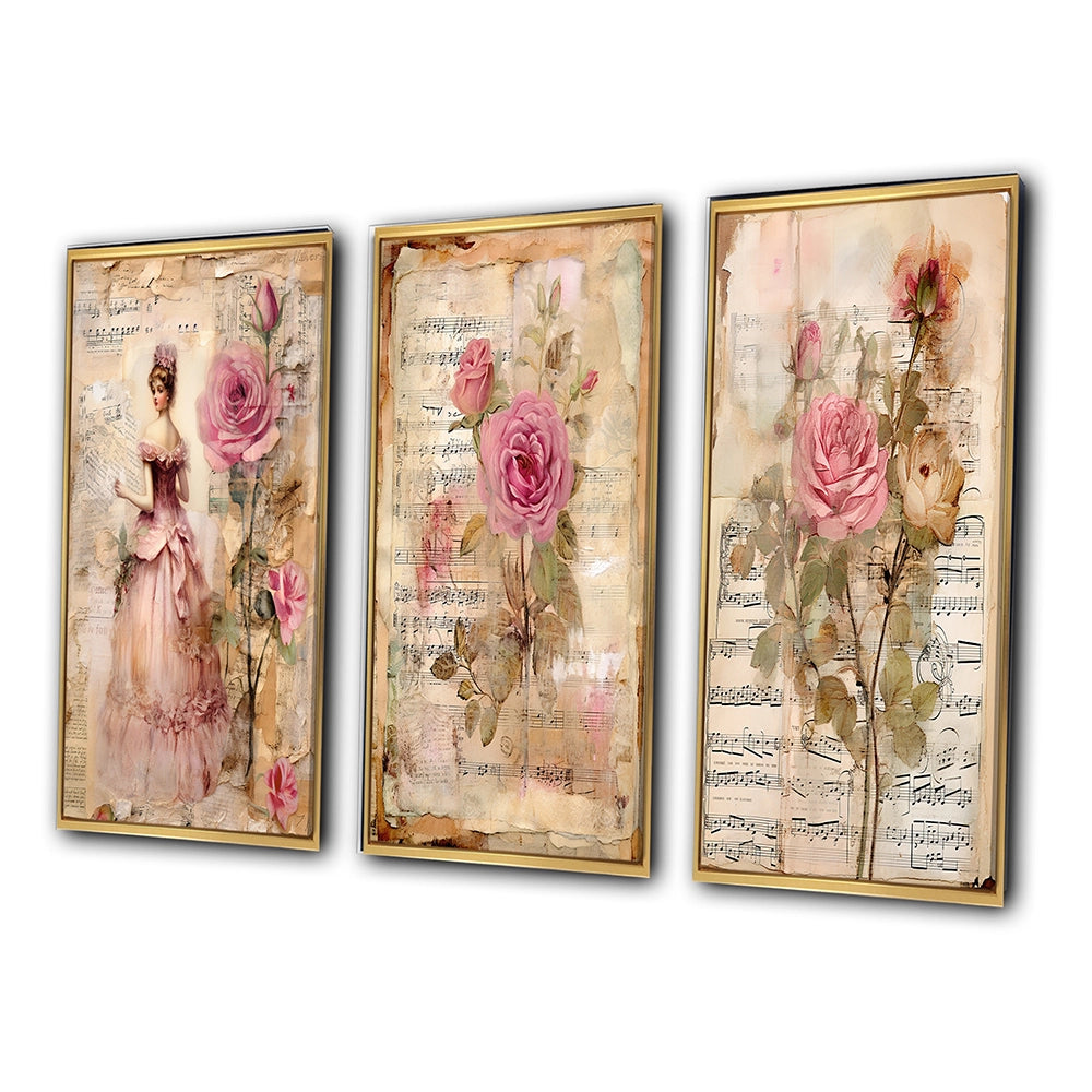 Rose Wall Art Canvas Set - Victorian Lady Pink Roses Rustic Vintage - 3 Pieces