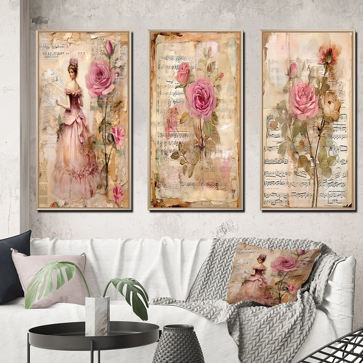 Rose Wall Art Canvas Set - Victorian Lady Pink Roses Rustic Vintage - 3 Pieces