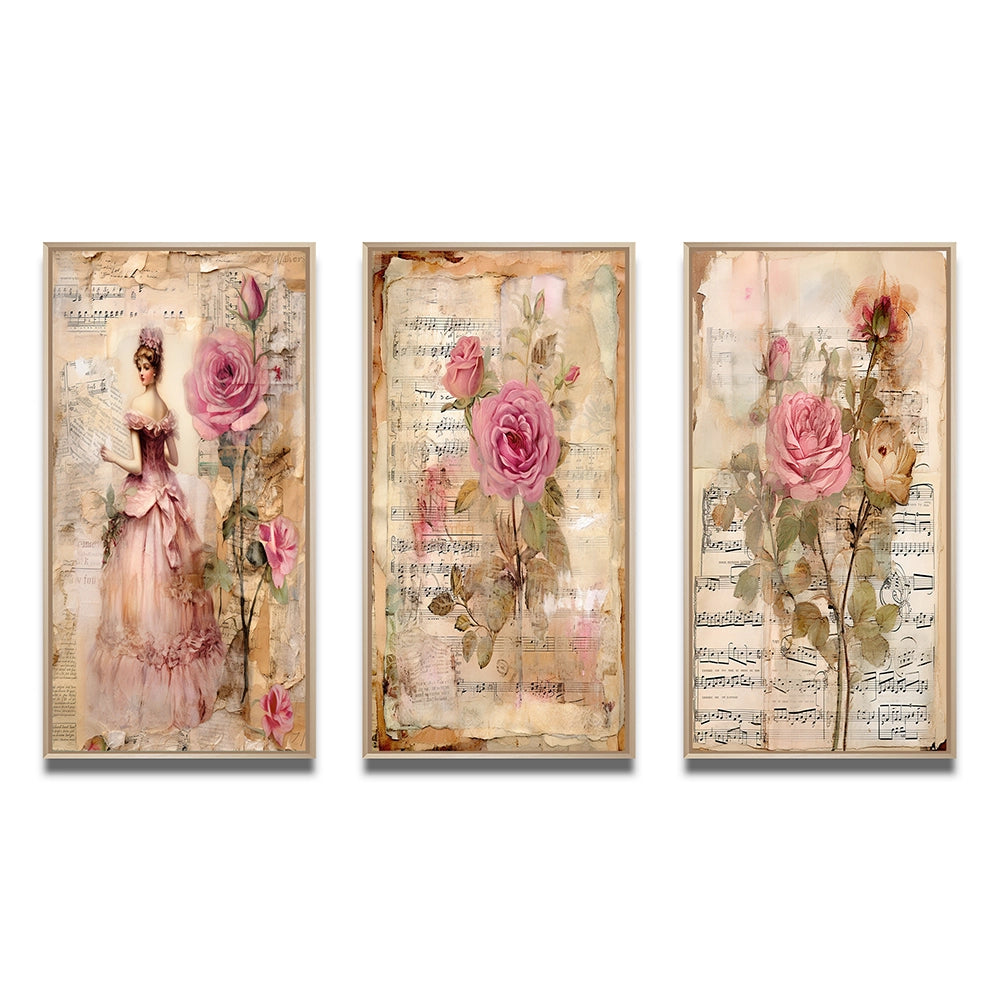 Rose Wall Art Canvas Set - Victorian Lady Pink Roses Rustic Vintage - 3 Pieces