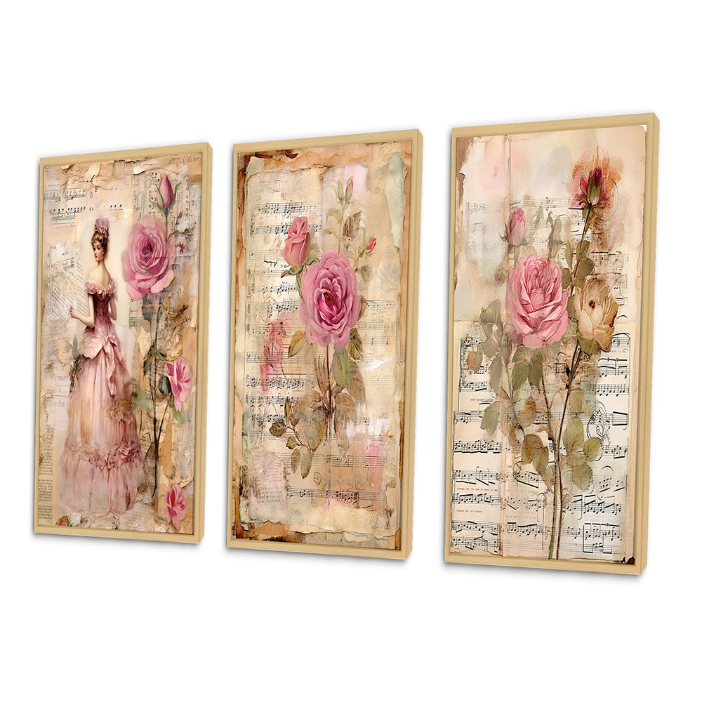 Rose Wall Art Canvas Set - Victorian Lady Pink Roses Rustic Vintage - 3 Pieces
