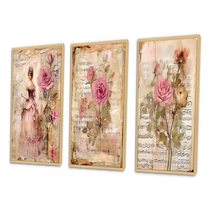 Rose Wall Art Canvas Set - Victorian Lady Pink Roses Rustic Vintage - 3 Pieces