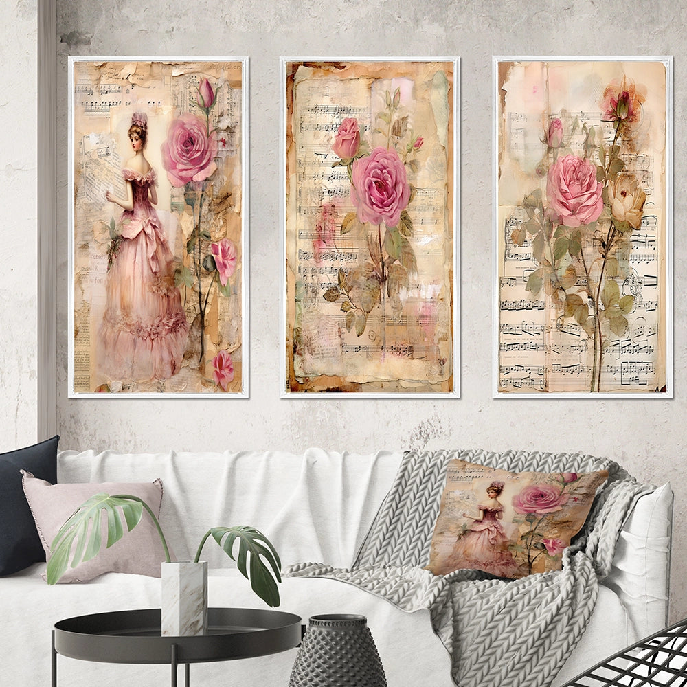 Rose Wall Art Canvas Set - Victorian Lady Pink Roses Rustic Vintage - 3 Pieces
