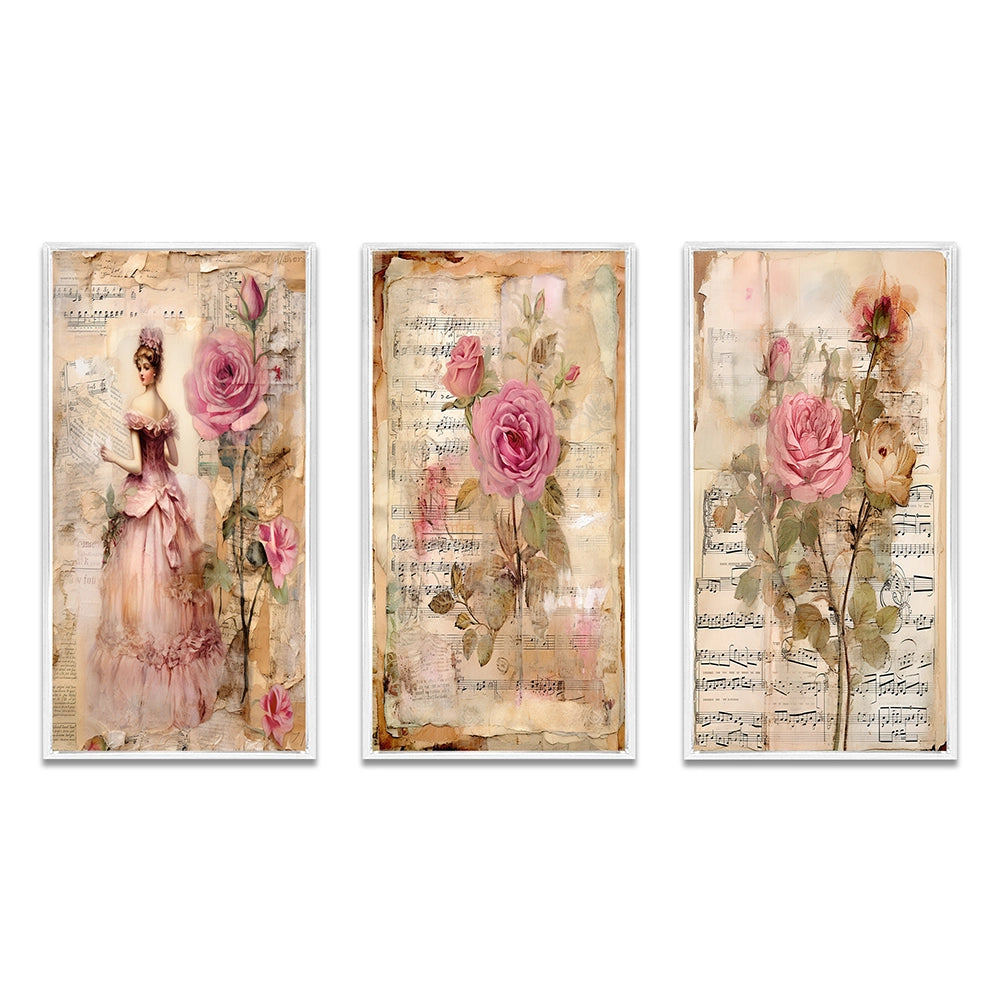 Rose Wall Art Canvas Set - Victorian Lady Pink Roses Rustic Vintage - 3 Pieces