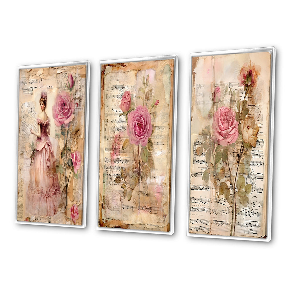 Rose Wall Art Canvas Set - Victorian Lady Pink Roses Rustic Vintage - 3 Pieces