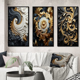 Transitional Canvas Wall Art Set of 3 - White Gold and Black Ornamental Liquid Spiral