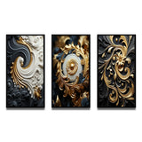 Transitional Canvas Wall Art Set of 3 - White Gold and Black Ornamental Liquid Spiral