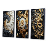 Transitional Canvas Wall Art Set of 3 - White Gold and Black Ornamental Liquid Spiral