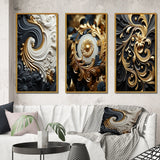 Transitional Canvas Wall Art Set of 3 - White Gold and Black Ornamental Liquid Spiral