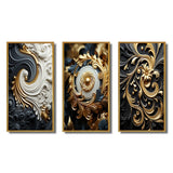 Transitional Canvas Wall Art Set of 3 - White Gold and Black Ornamental Liquid Spiral