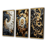 Transitional Canvas Wall Art Set of 3 - White Gold and Black Ornamental Liquid Spiral