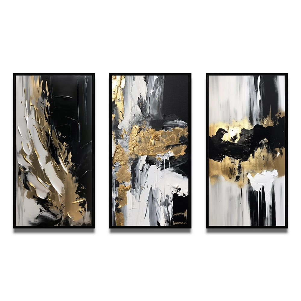 Modern Canvas Wall Art Set - Organic Bliss Minimal Abstract Gold and Black - 3 Pieces