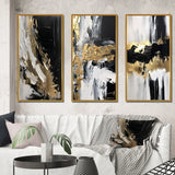 Modern Canvas Wall Art Set - Organic Bliss Minimal Abstract Gold and Black - 3 Pieces