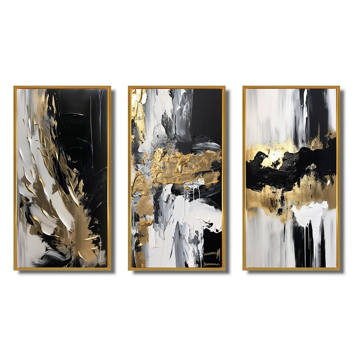 Modern Canvas Wall Art Set - Organic Bliss Minimal Abstract Gold and Black - 3 Pieces