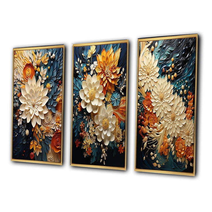 Abstract Canvas Wall Art Set of 3- Orange Teal Botanical Whirlwind IV