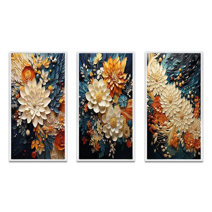 Abstract Canvas Wall Art Set of 3- Orange Teal Botanical Whirlwind IV