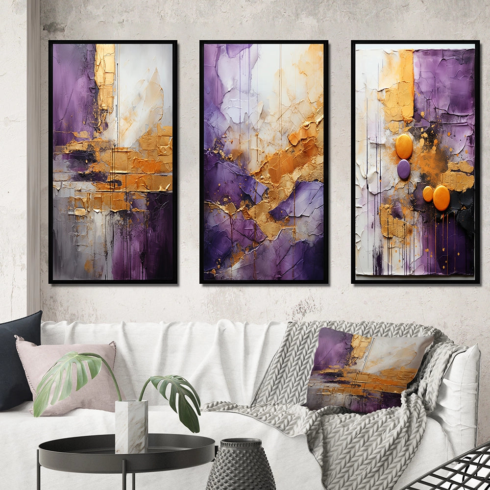 Fractals Multi Panel Canvas Wall Art - Gold Purple Abstract Fractal III
