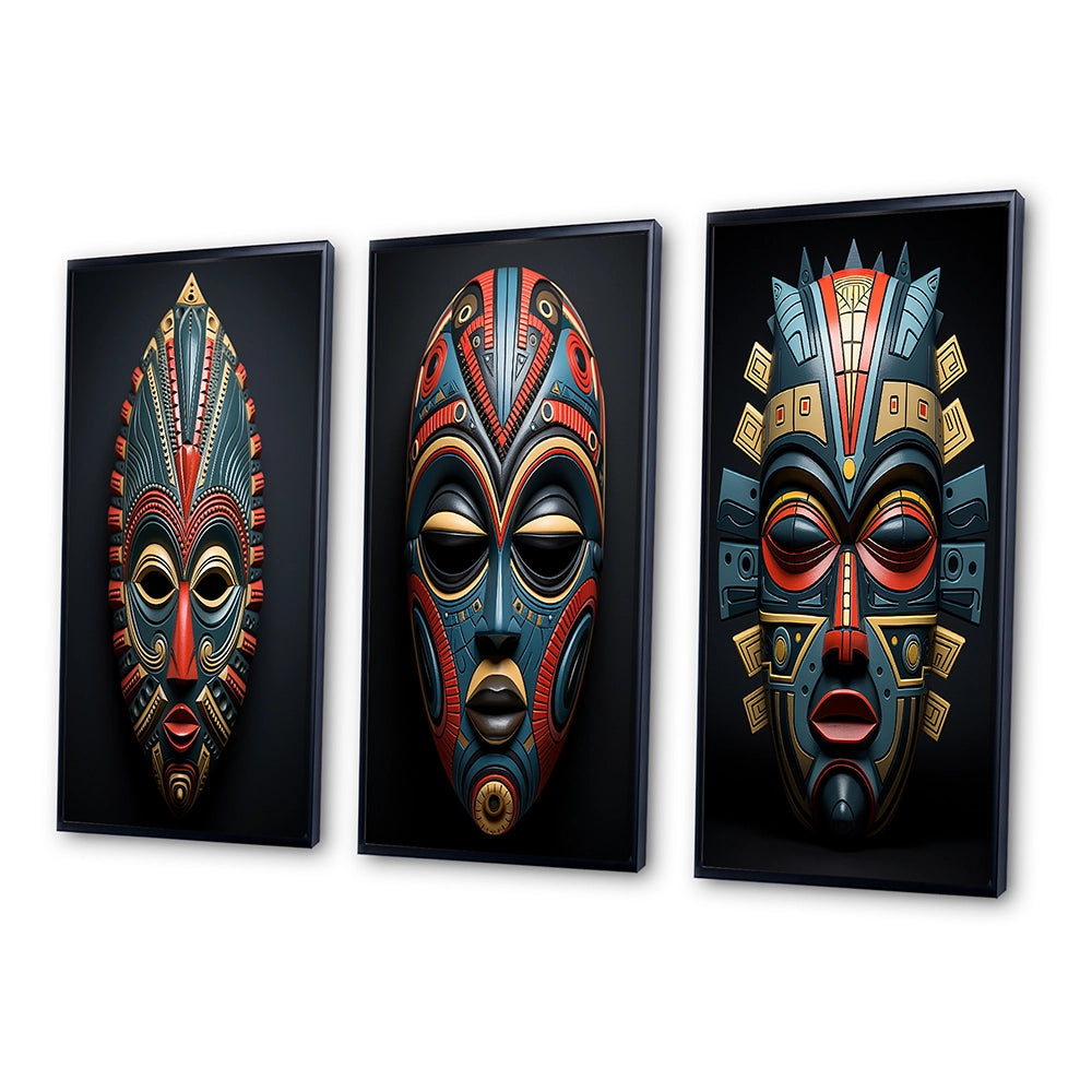 Traditional Wall Art Set - African Tribal Pende Mask - 3 Pieces