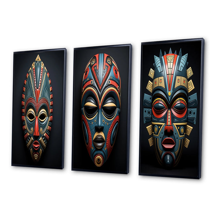 Traditional Wall Art Set - African Tribal Pende Mask - 3 Pieces