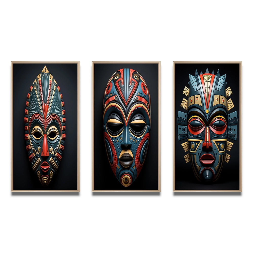 Traditional Wall Art Set - African Tribal Pende Mask - 3 Pieces
