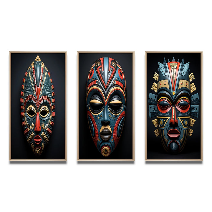 Traditional Wall Art Set - African Tribal Pende Mask - 3 Pieces
