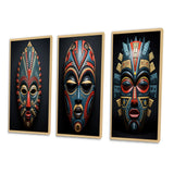 Traditional Wall Art Set - African Tribal Pende Mask - 3 Pieces