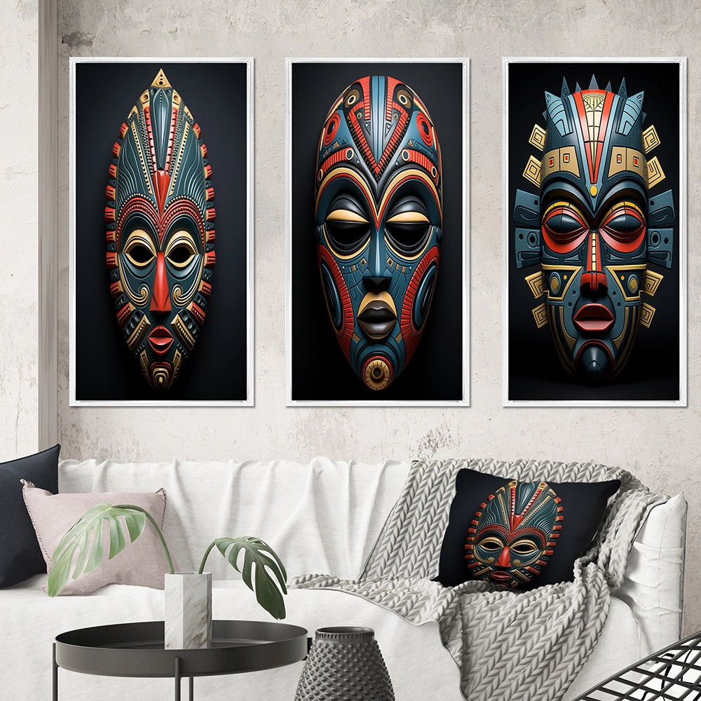 Traditional Wall Art Set - African Tribal Pende Mask - 3 Pieces