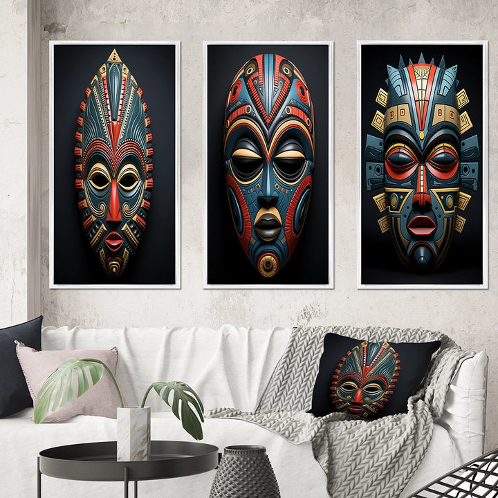 Traditional Wall Art Set - African Tribal Pende Mask - 3 Pieces