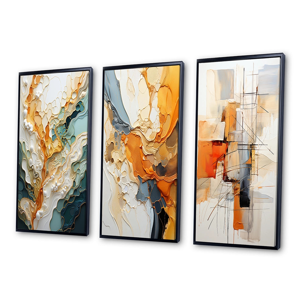 Abstract Canvas Wall Art - Orange White Line Art Organic Abstraction - 3 Pieces