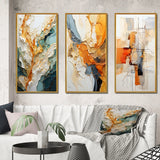 Abstract Canvas Wall Art - Orange White Line Art Organic Abstraction - 3 Pieces