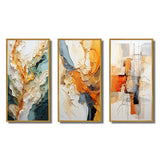 Abstract Canvas Wall Art - Orange White Line Art Organic Abstraction - 3 Pieces