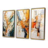 Abstract Canvas Wall Art - Orange White Line Art Organic Abstraction - 3 Pieces