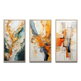 Abstract Canvas Wall Art - Orange White Line Art Organic Abstraction - 3 Pieces