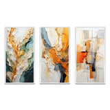 Abstract Canvas Wall Art - Orange White Line Art Organic Abstraction - 3 Pieces