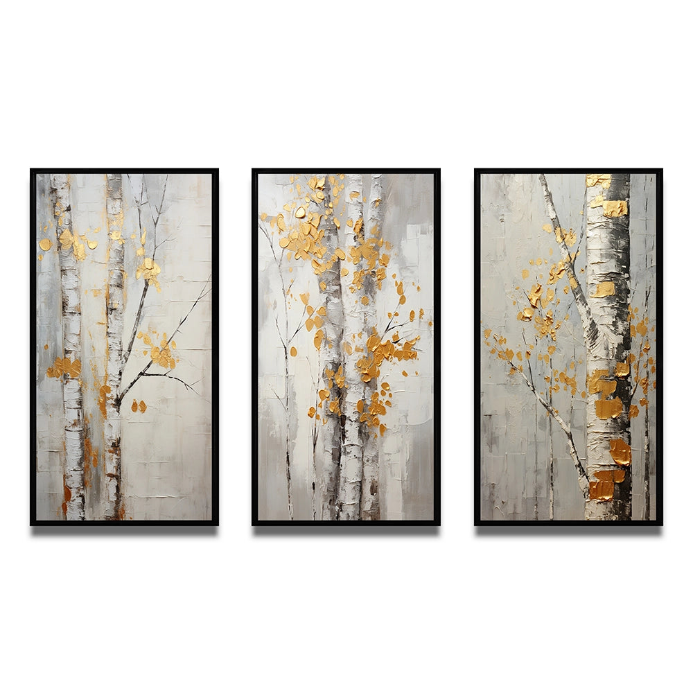 Traditional Wall Art Canvas Set - Tree Whispers of Gray &amp; Yellow - 3 Pieces