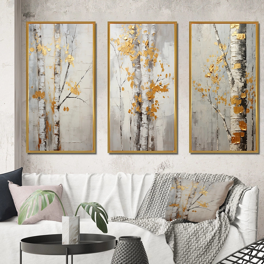 Traditional Wall Art Canvas Set - Tree Whispers of Gray &amp; Yellow - 3 Pieces