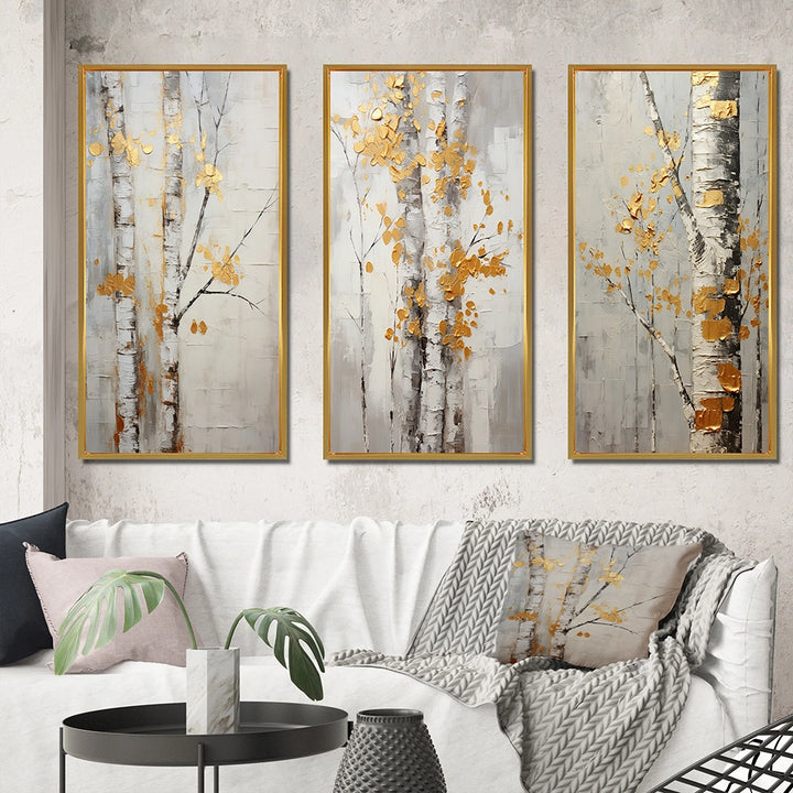 Traditional Wall Art Canvas Set - Tree Whispers of Gray &amp; Yellow - 3 Pieces