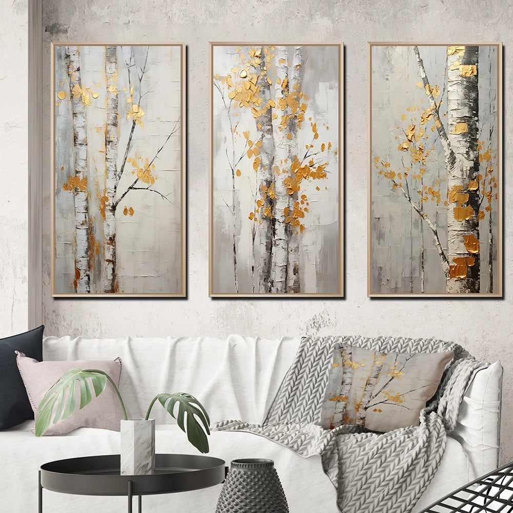 Traditional Wall Art Canvas Set - Tree Whispers of Gray &amp; Yellow - 3 Pieces
