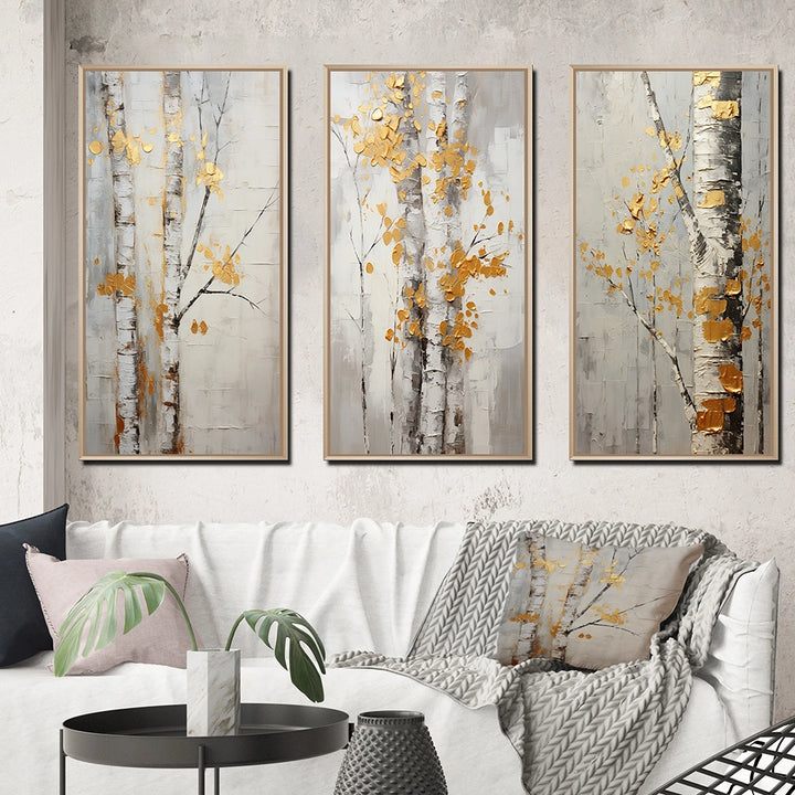 Traditional Wall Art Canvas Set - Tree Whispers of Gray &amp; Yellow - 3 Pieces