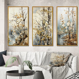 Floral Wall Art Canvas Set - Beige Gray Tree Sycamore Symphony - 3 Pieces