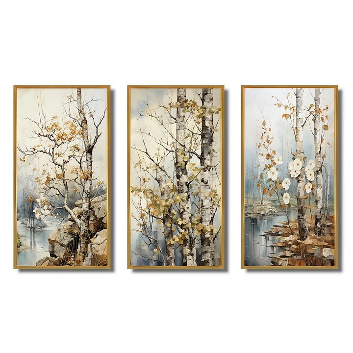 Floral Wall Art Canvas Set - Beige Gray Tree Sycamore Symphony - 3 Pieces