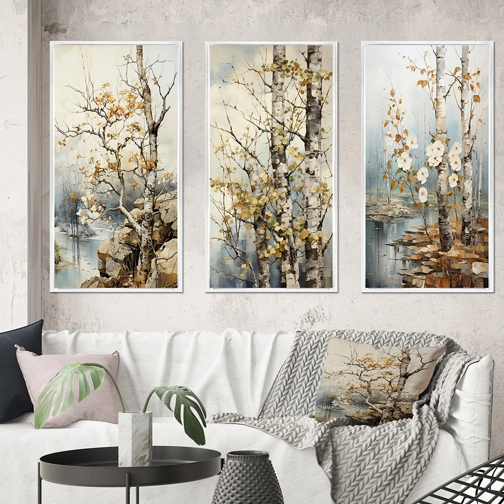 Floral Wall Art Canvas Set - Beige Gray Tree Sycamore Symphony - 3 Pieces