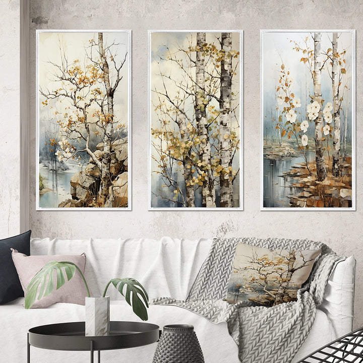 Floral Wall Art Canvas Set - Beige Gray Tree Sycamore Symphony - 3 Pieces