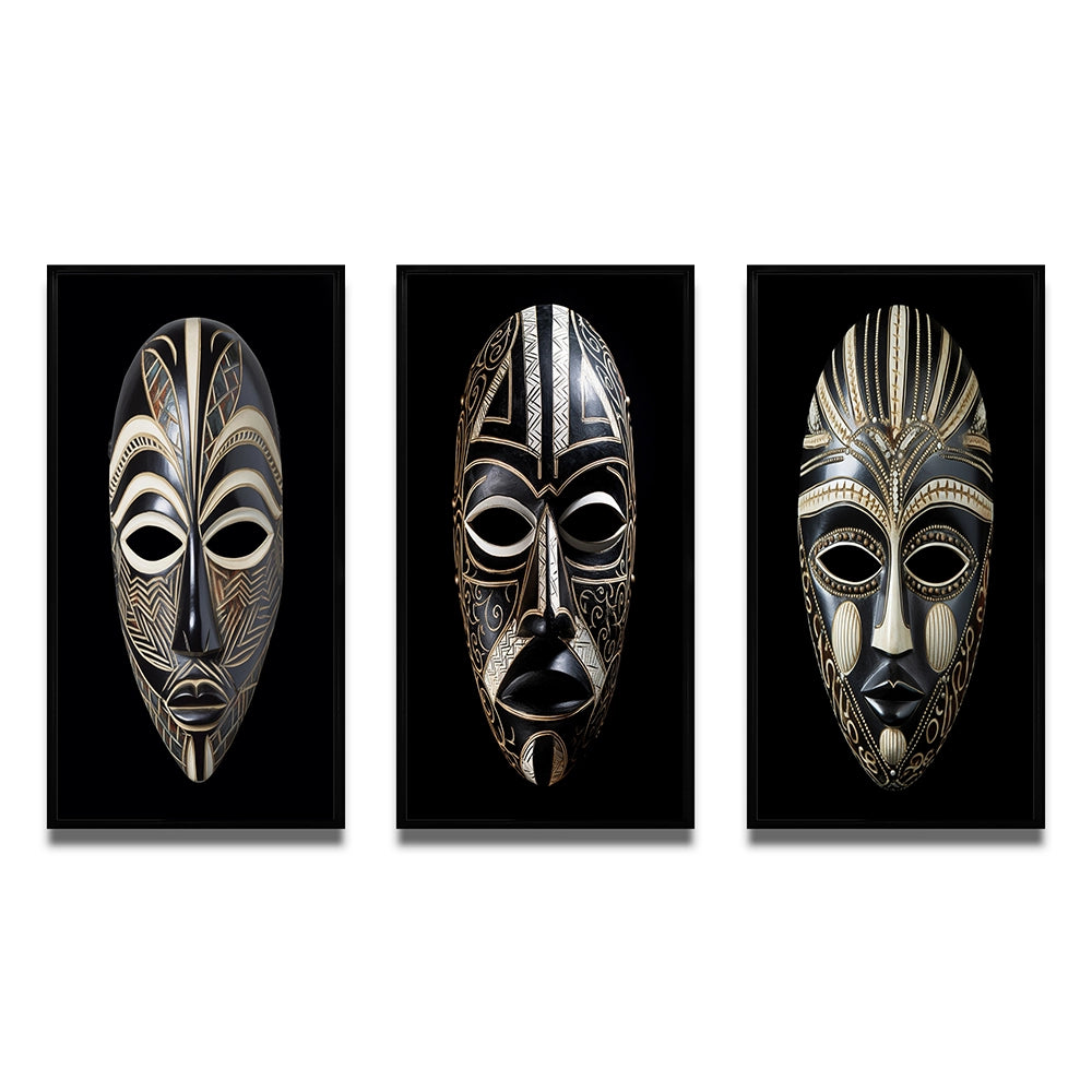 African Tribal Canvas Wall Art Set of 3- Ethnical Traditional African Mask XI