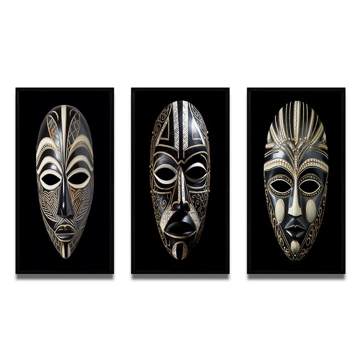 African Tribal Canvas Wall Art Set of 3- Ethnical Traditional African Mask XI